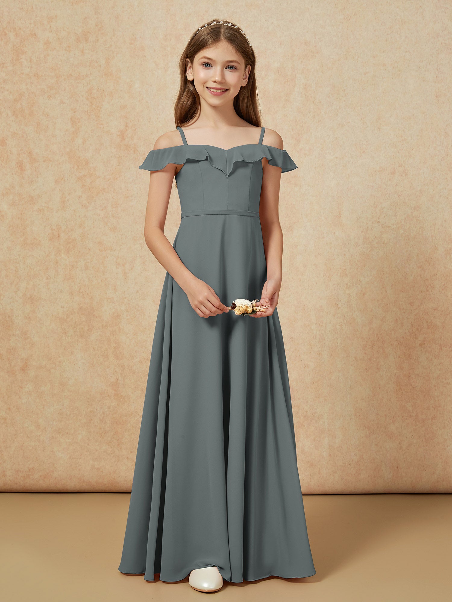 Off-the-shoulder A-Line Junior Bridesmaid Dresses Steel Grey